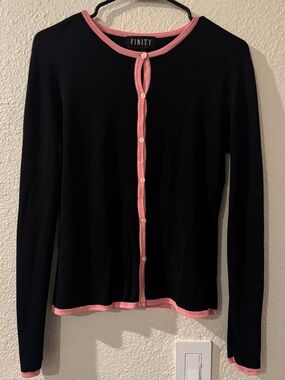 Finity Black Cardigan with Pink Trim and Button Front